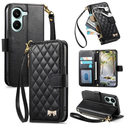 Black rhombic zipper wallet phone case with strap and quilted diamond design