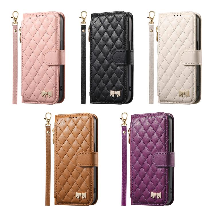 Assorted colors rhombic-texture zipper wallet phone cases with wrist strap