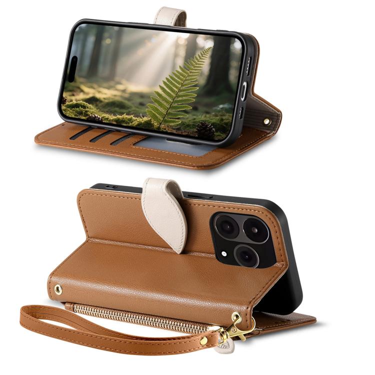 Leaf Buckle Zipper Wallet Leather Phone Case with Strap, For  Oneplus 15