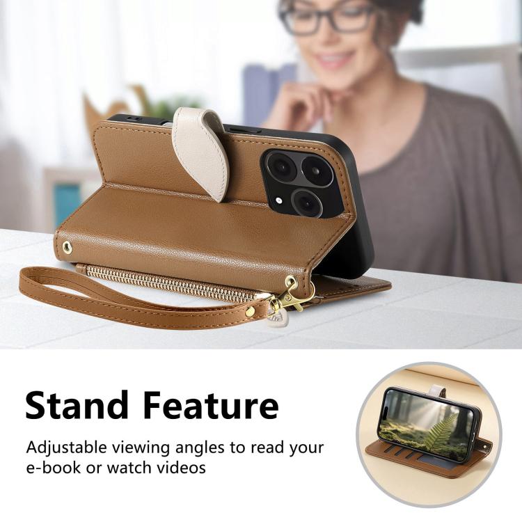 Leaf Buckle Zipper Wallet Leather Phone Case with Strap, For  Oneplus 15
