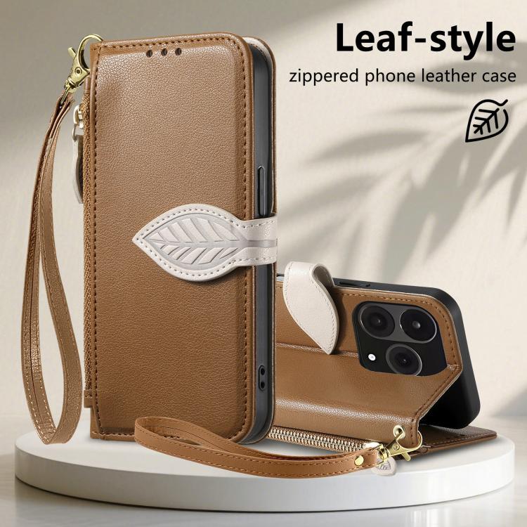 Leaf Buckle Zipper Wallet Leather Phone Case with Strap, For  Oneplus 15