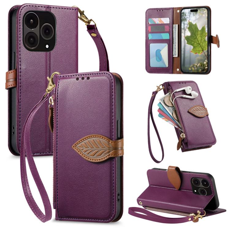 Leaf Buckle Zipper Wallet Leather Phone Case with Strap, For  Oneplus 15