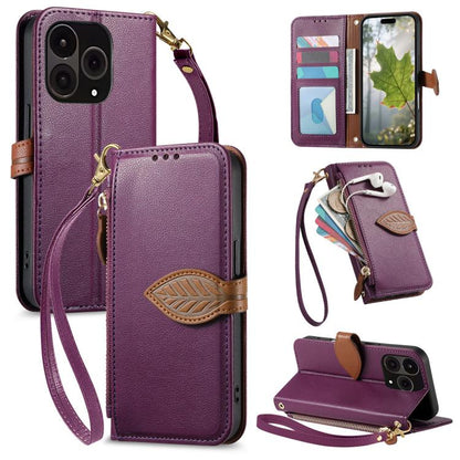 Leaf Buckle Zipper Wallet Leather Phone Case with Strap, For  Oneplus 15