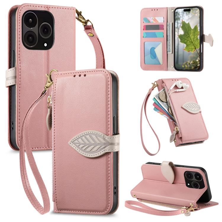 Leaf Buckle Zipper Wallet Leather Phone Case with Strap, For  Oneplus 15