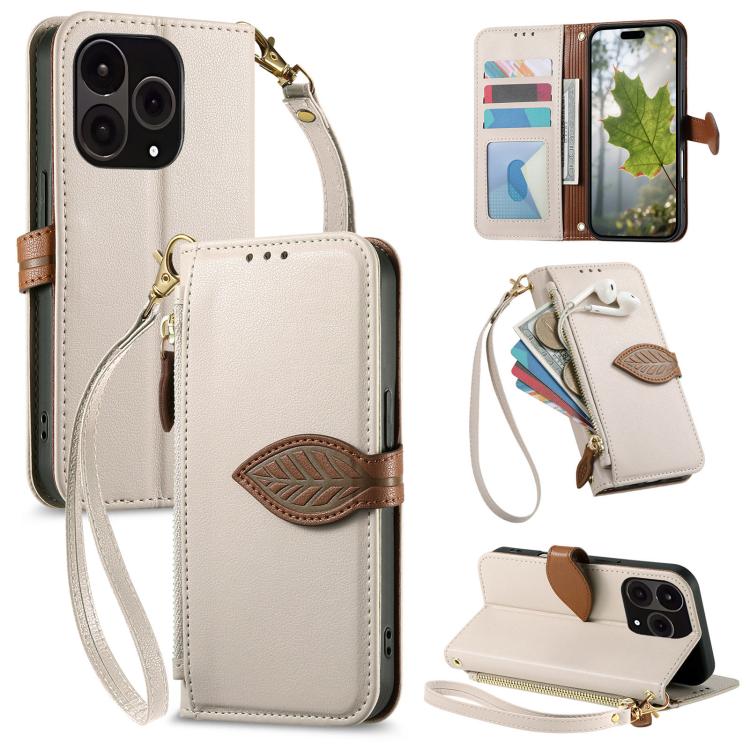 Leaf Buckle Zipper Wallet Leather Phone Case with Strap, For  Oneplus 15