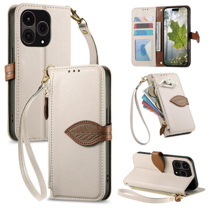 Leaf Buckle Zipper Wallet Leather Phone Case with Strap, For  Oneplus 15