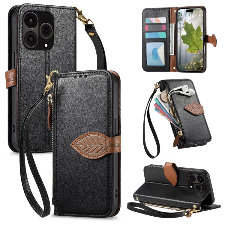 Leaf Buckle Zipper Wallet Leather Phone Case with Strap, For  Oneplus 15