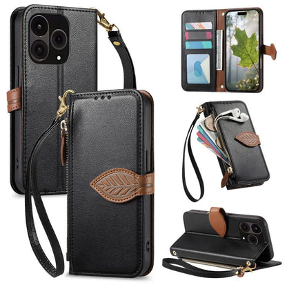 Leaf Buckle Zipper Wallet Leather Phone Case with Strap, For  Oneplus 15