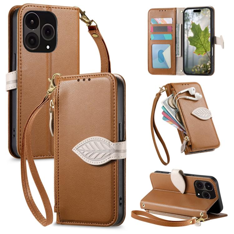 Leaf Buckle Zipper Wallet Leather Phone Case with Strap, For  Oneplus 15