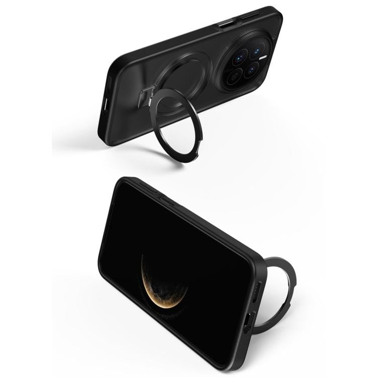 Black phone case with circular magnetic stand ring attached to the back