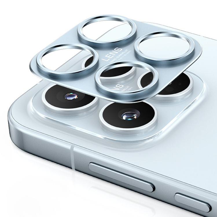 Light blue metal hollow lens protection ring set with four raised camera-ring covers