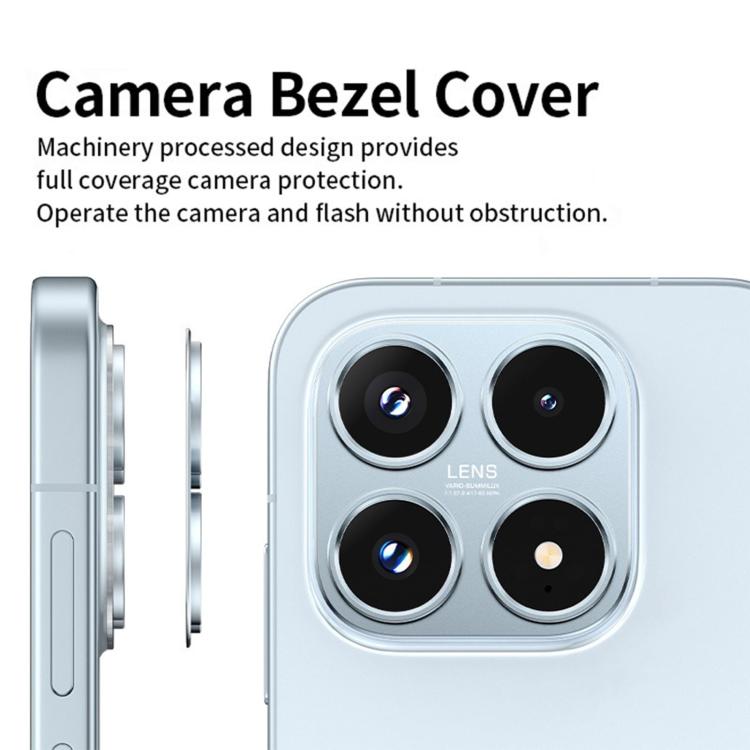 Light blue camera bezel cover with metal hollow lens protection rings for four lenses