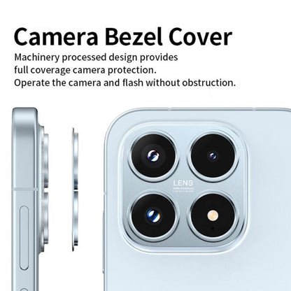 Light blue camera bezel cover with metal hollow lens protection rings for four lenses