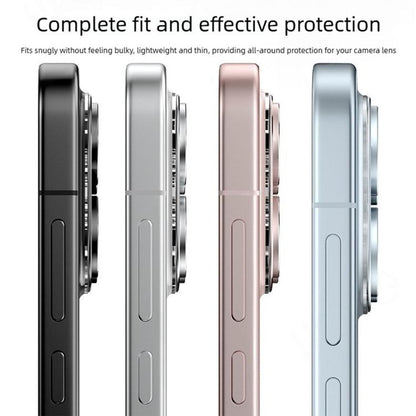 Metal hollow lens protection rings shown on phone backs in multiple colors