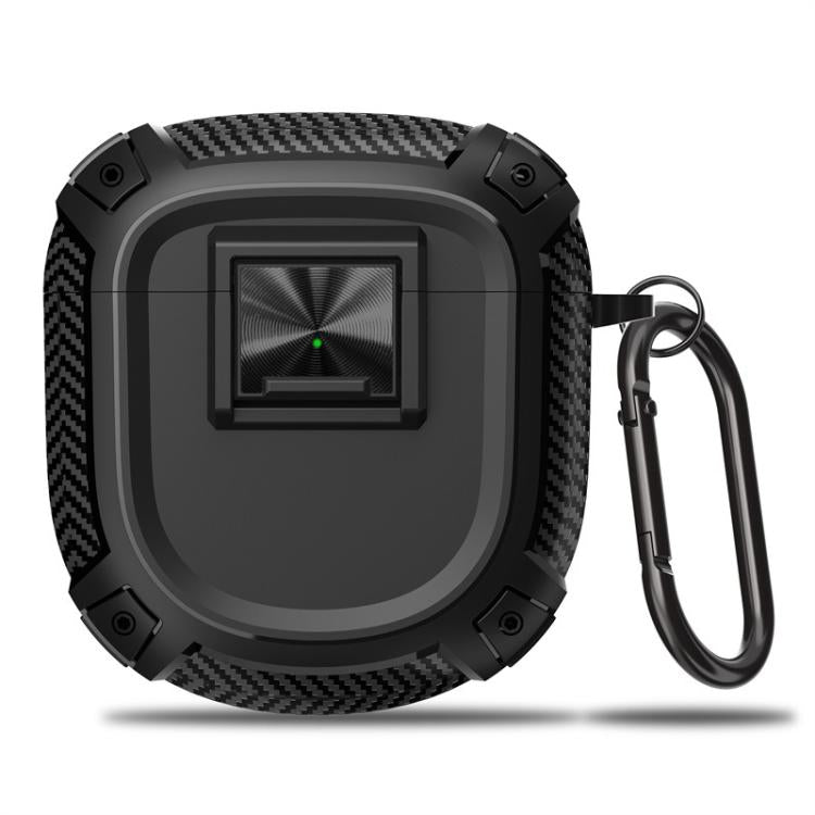 Black carbon-fiber style TPU earbud case cover with metal snap buckle and carabiner