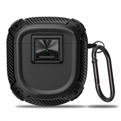 Black carbon-fiber style TPU earbud case cover with metal snap buckle and carabiner