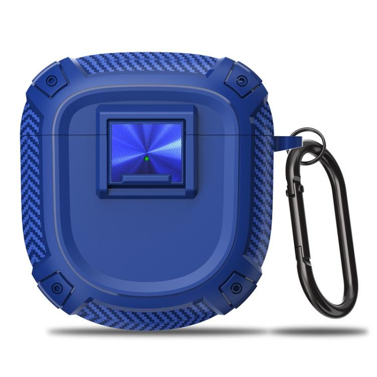 Blue carbon-fiber style TPU earbud case cover with metal snap buckle and carabiner