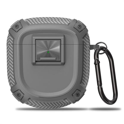 Grey carbon-fiber style TPU earbud case cover with metal snap buckle and carabiner