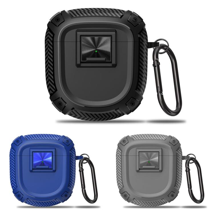Three earbud case covers in black, blue, and grey with carabiners shown together
