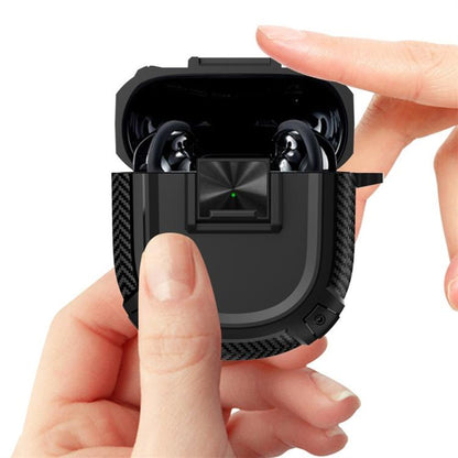 Black earbud case cover with hinged TPU flap open, showing the inside charging slot