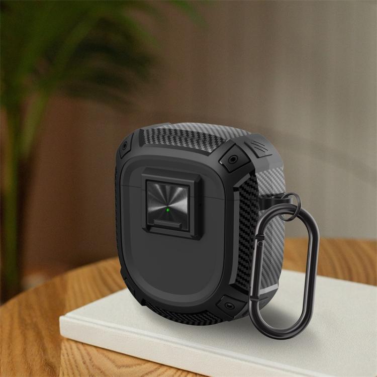 Black earbud case cover with carabiner and textured carbon-fiber style sides