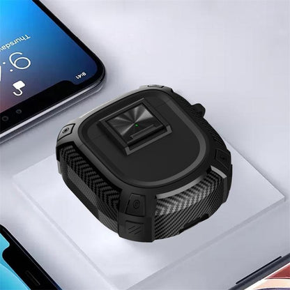 Black earbud case cover with carabiner, textured edges, and front display window