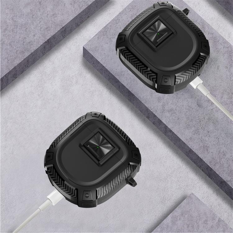 Black earbud case cover with carabiner; two covers shown with charging cable plugged in