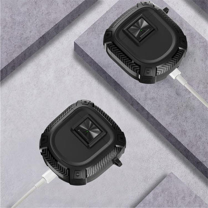 Black earbud case cover with carabiner; two covers shown with charging cable plugged in