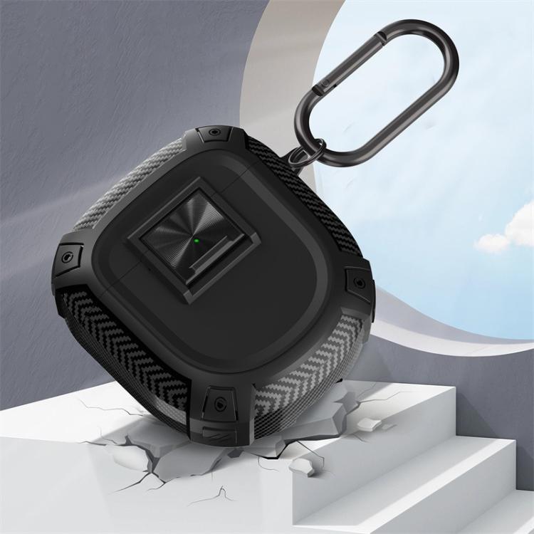 Black earbud case cover with carabiner on steps, with charging cable attached