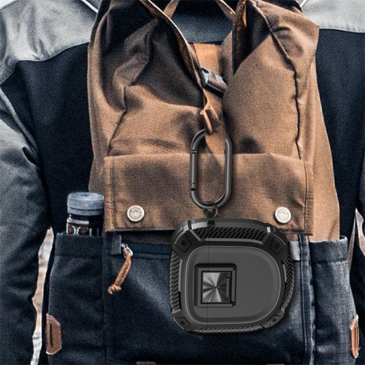 Black earbud case cover with carabiner clipped to a jacket pocket