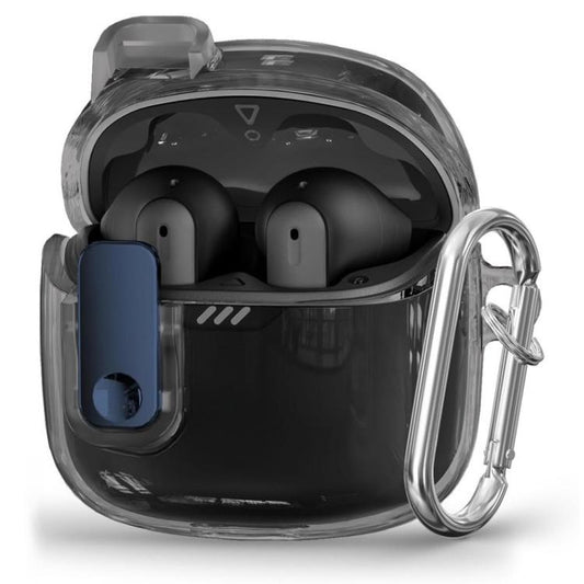 Transparent TPU earphone case with metal snap buckle, dark blue accent, for earbuds