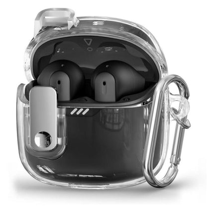 Clear TPU earphone case with metal snap buckle, light gray accent, for earbuds