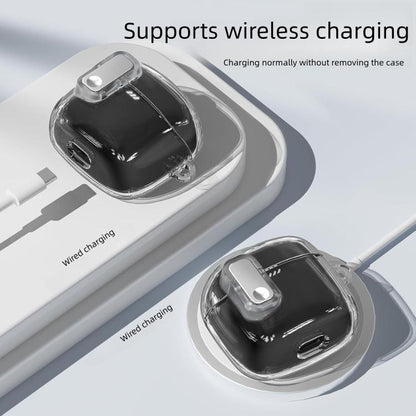 Transparent TPU earphone case with metal snap buckle, open port area visible