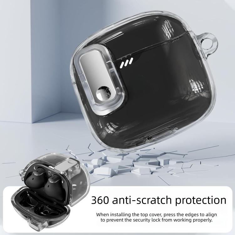 Transparent TPU earphone case with metal snap buckle, earbuds inside, rounded corners
