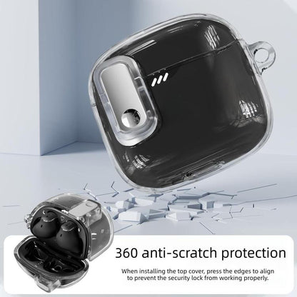 Transparent TPU earphone case with metal snap buckle, earbuds inside, rounded corners