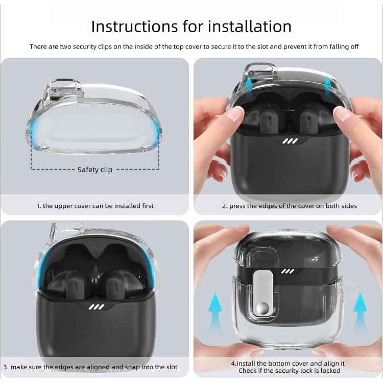 Transparent TPU earphone case with metal snap buckle, showing snap-on installation