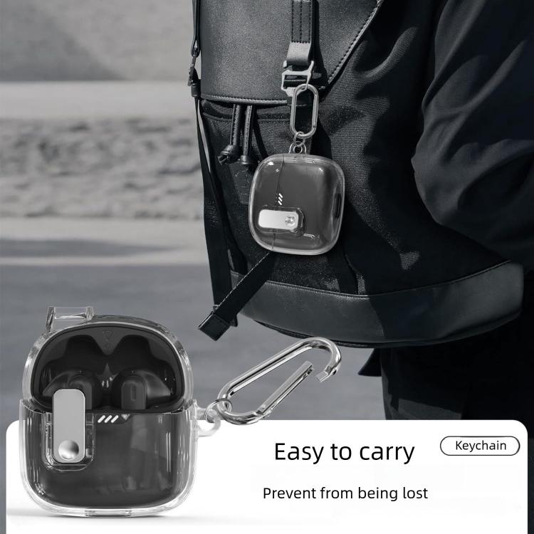 Transparent TPU earphone case with metal snap buckle and keychain loop for carrying