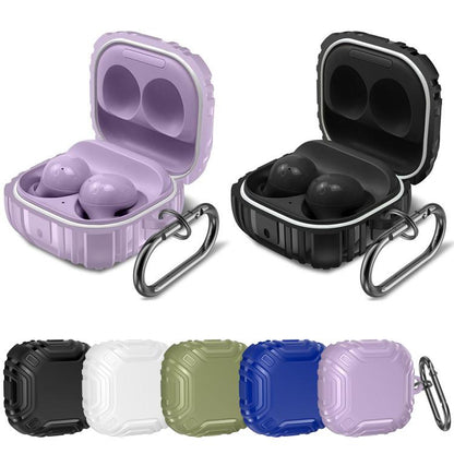 Purple and black frosted TPU earbud case covers open with metal carabiner rings.