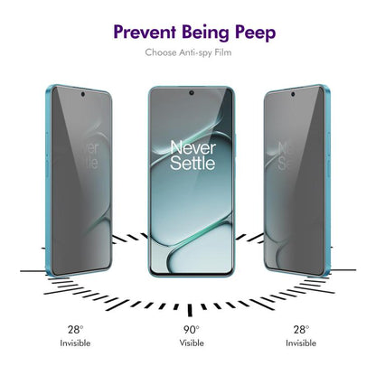 Anti-peeping privacy tempered glass screen protector showing three phone angles