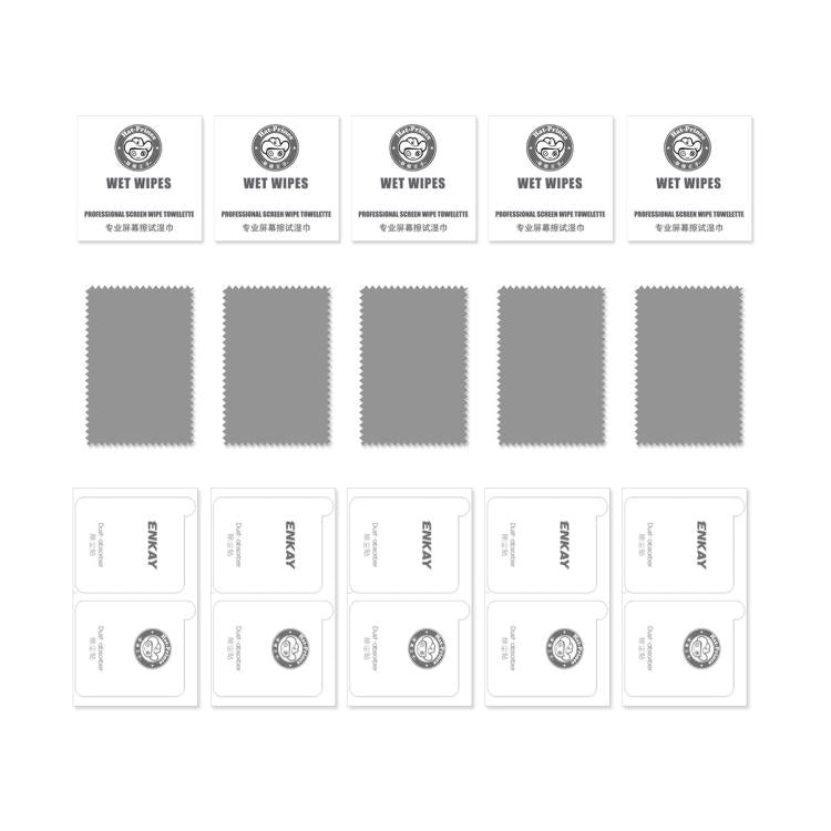 Screen protector accessories kit with wet wipes, cloth squares, and labeled packets