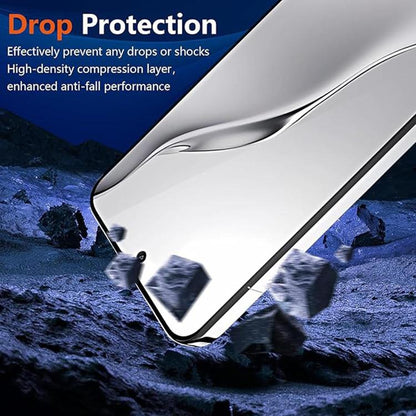 Tempered glass screen protector with drop protection and anti-fall performance layer