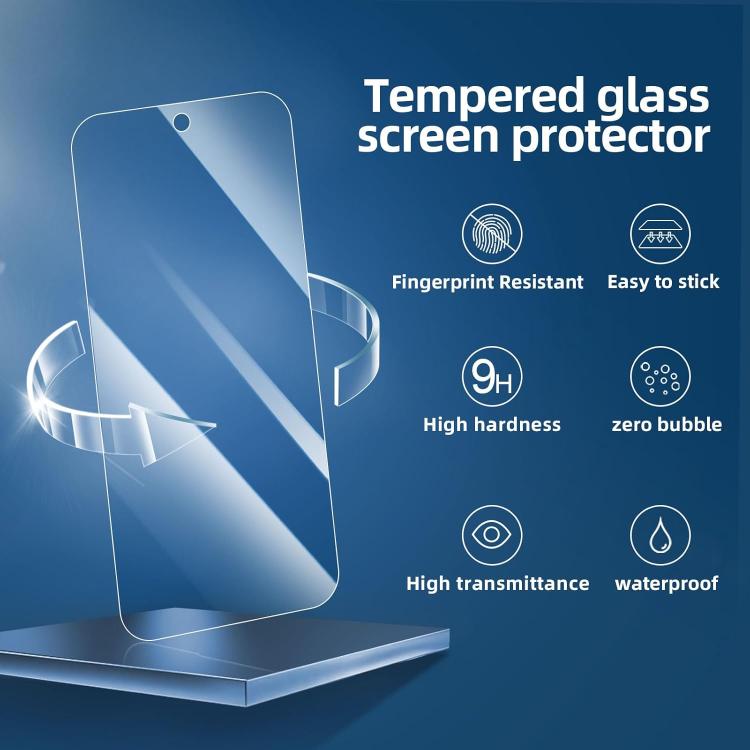 Tempered glass screen protector features card with 9H hardness and no-bubble claim