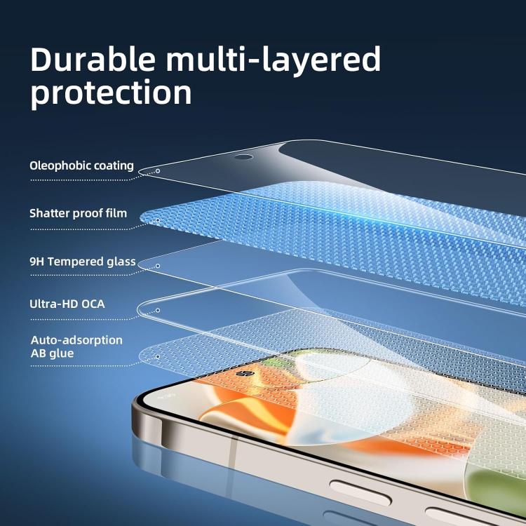 Multi-layer tempered glass screen protector illustration with coating and glass layers