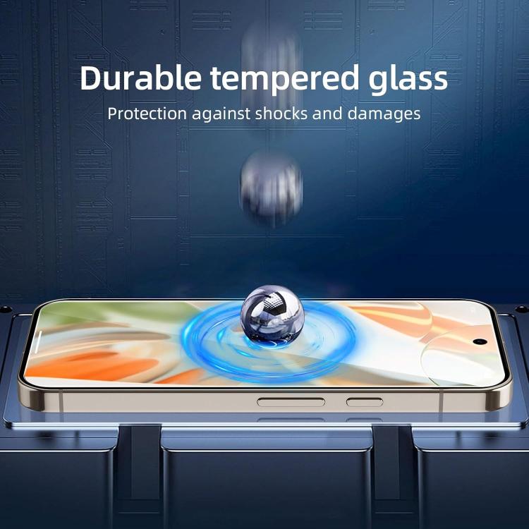 Tempered glass screen protector with shock protection visual over a phone
