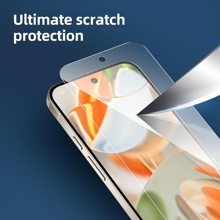 Tempered glass screen protector with scratch-protection shield graphic over phone screen