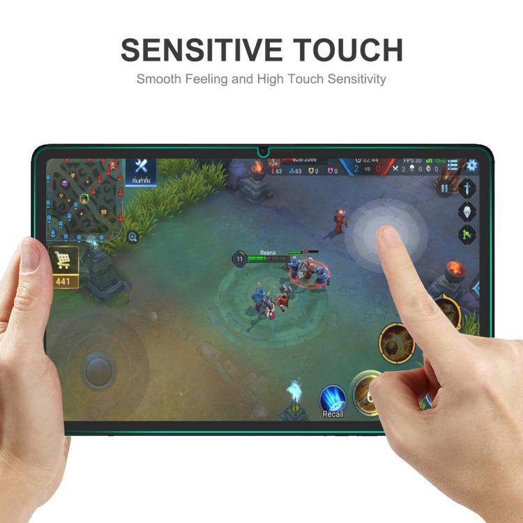 Tempered glass screen protector on tablet, finger touch over display