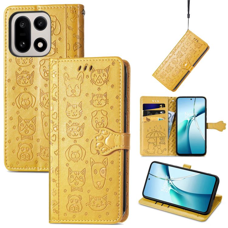 Cat and Dog Embossed Leather Phone Case, For OnePlus 15