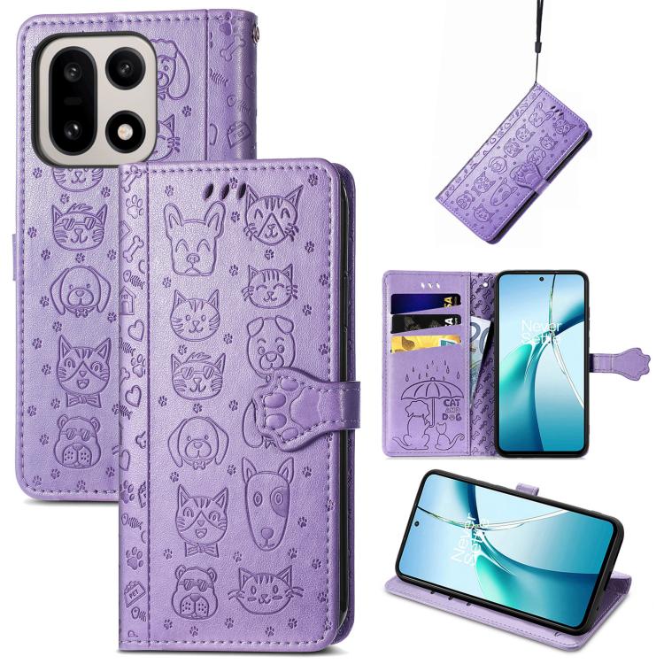 Cat and Dog Embossed Leather Phone Case, For OnePlus 15