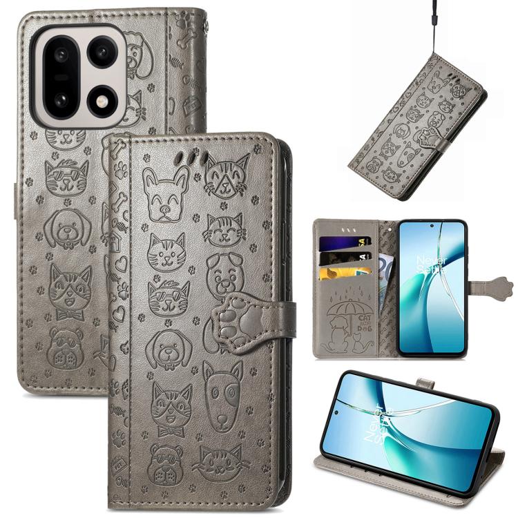 Cat and Dog Embossed Leather Phone Case, For OnePlus 15