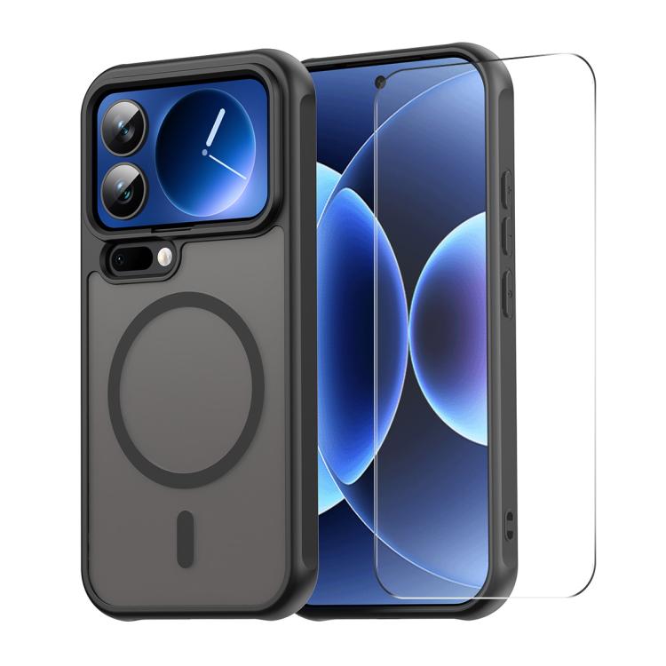 Black phone case with MagSafe ring and matte finish, with clear screen protector